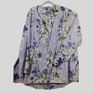 Romans Peasant Blouse Womens 28W Purple floral pintuck career boxy floral Femini